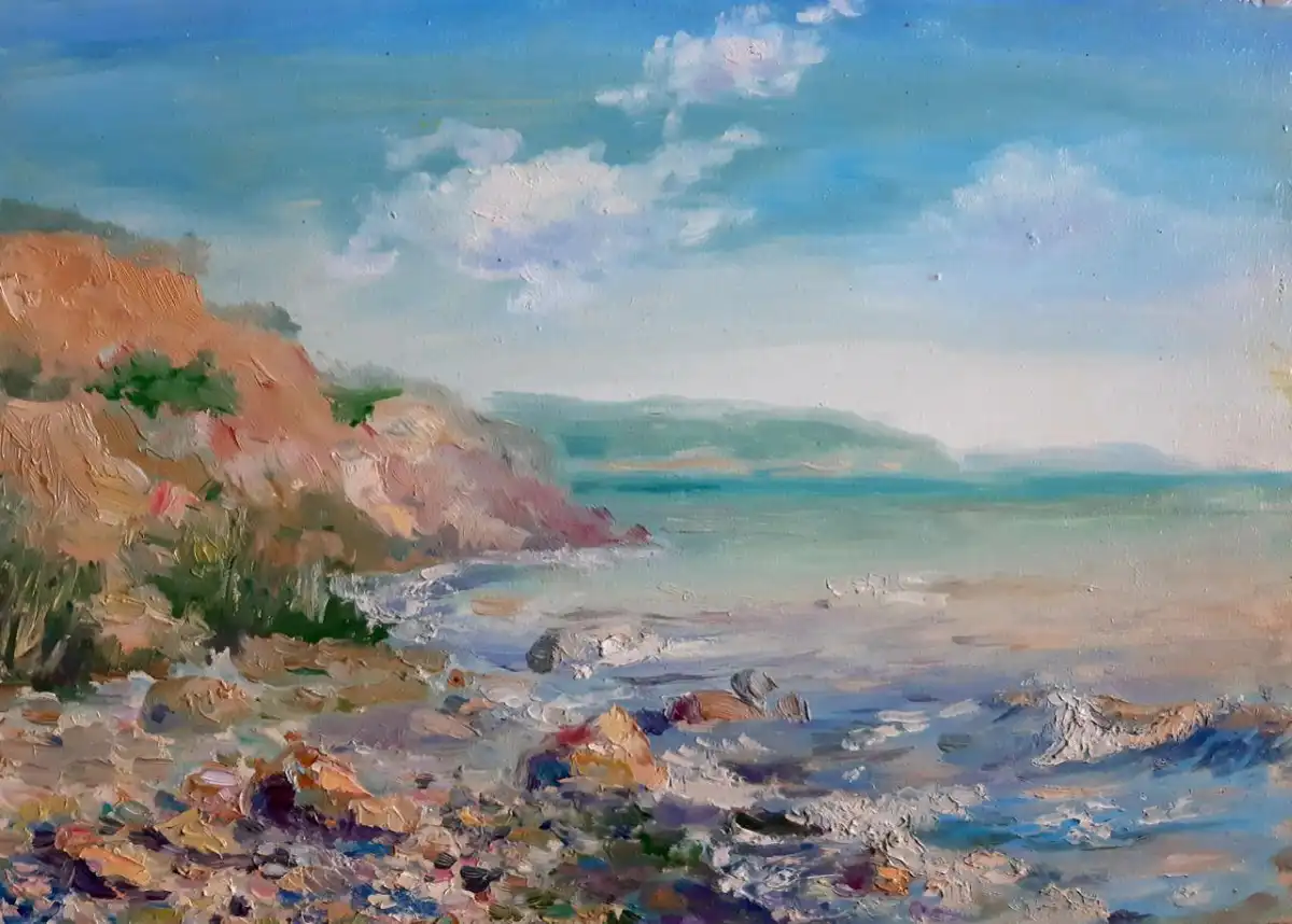 An impressionistic oil painting of a coastal scene with cliffs, ocean waves, and a partly cloudy sky. Overlaid text reads…