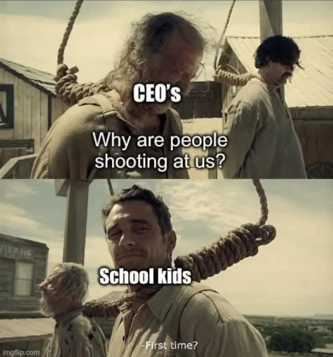 Two panels show men hanging by ropes in a Western setting. The top panel labels one man 'CEO's' with the text 'Why are…
