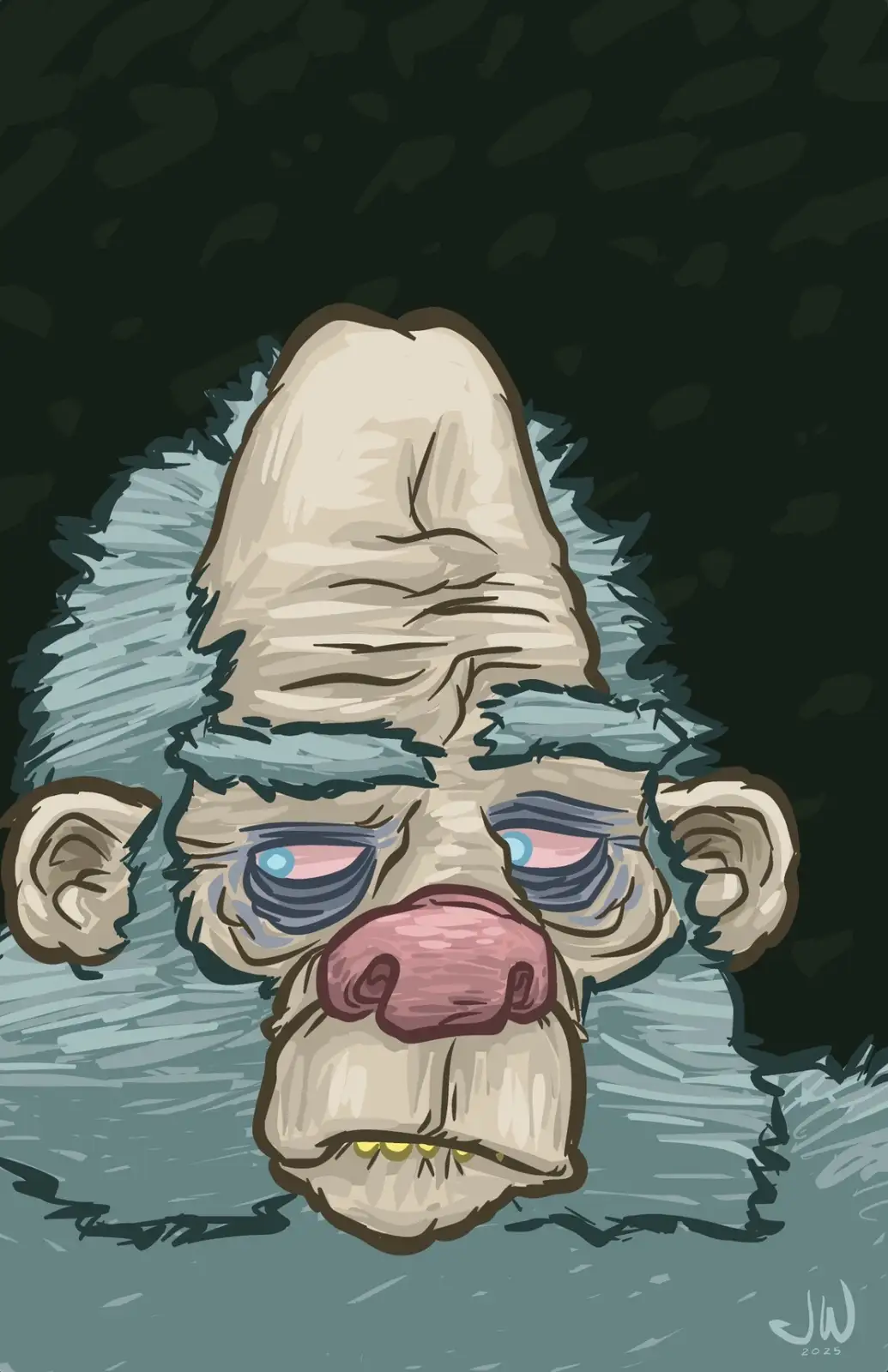 A cartoon illustration of a weary-looking, furry creature with a large pink nose, half-closed eyes, and a tired expression…
