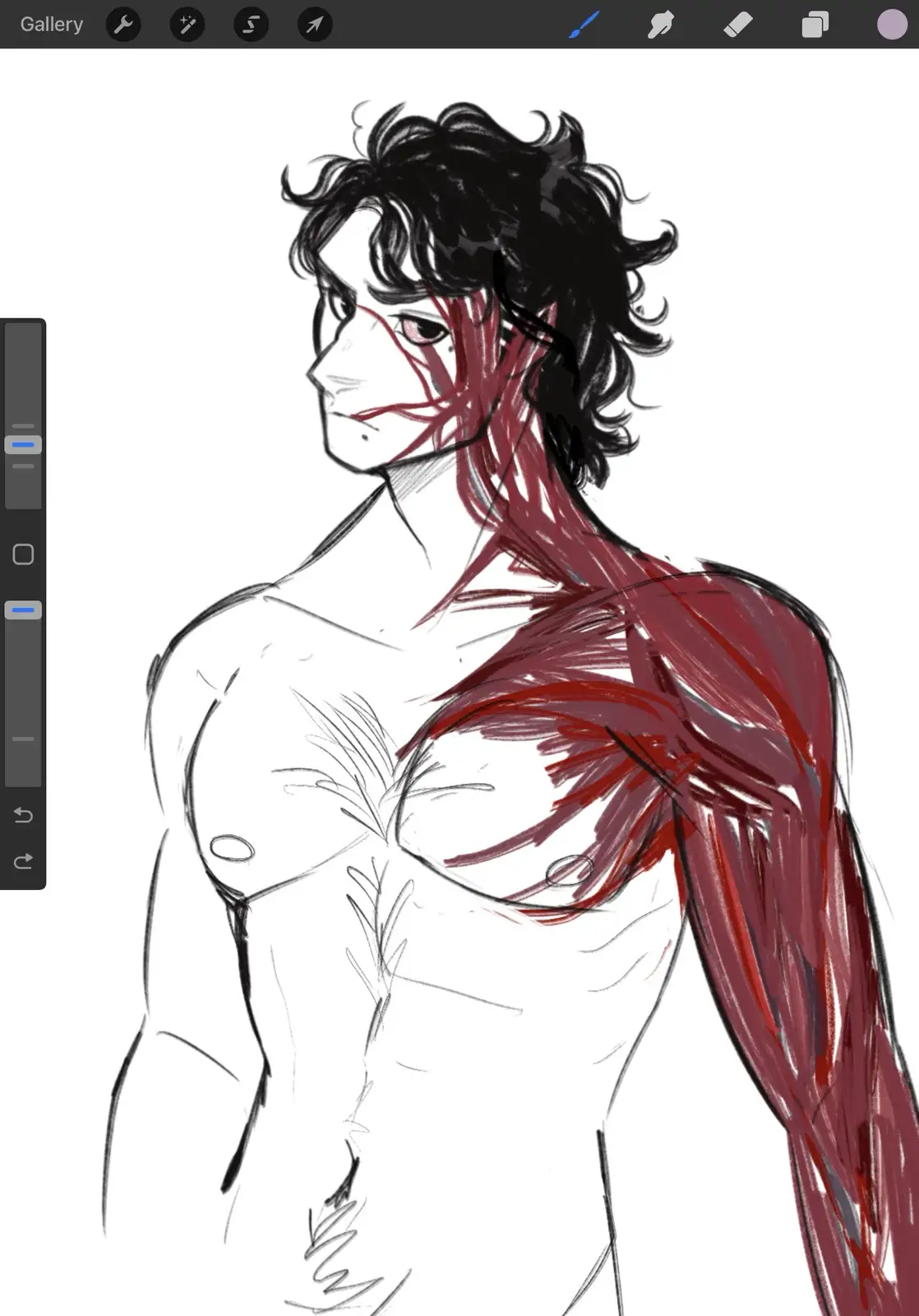 A digital sketch of a shirtless male figure with black curly hair, shown in profile. The left side of his body is a rough…