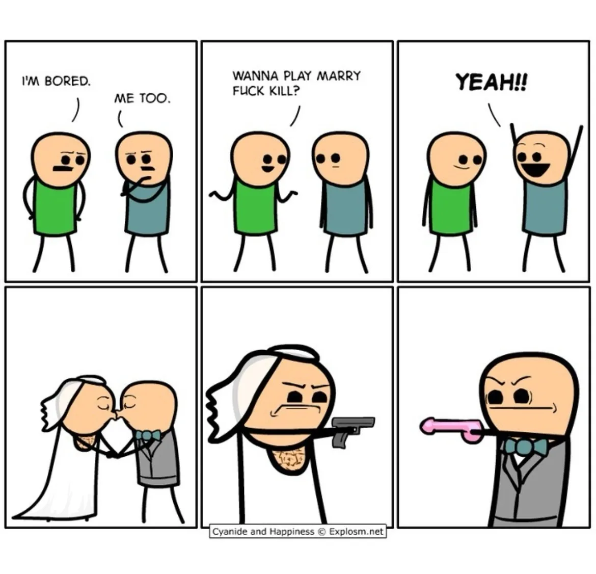A six-panel comic strip shows two bald stick figures bored, then enthusiastically agreeing to play 'Marry Fuck Kill'. The…