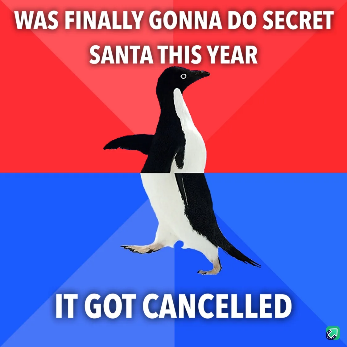 A penguin stands centered against a red and blue background split diagonally. White bold text at the top reads 'WAS FINALLY…