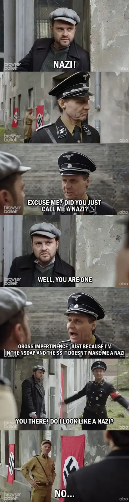 A six-panel meme using scenes from a historical drama, showing a man accusing a uniformed Nazi officer of being a Nazi. The…