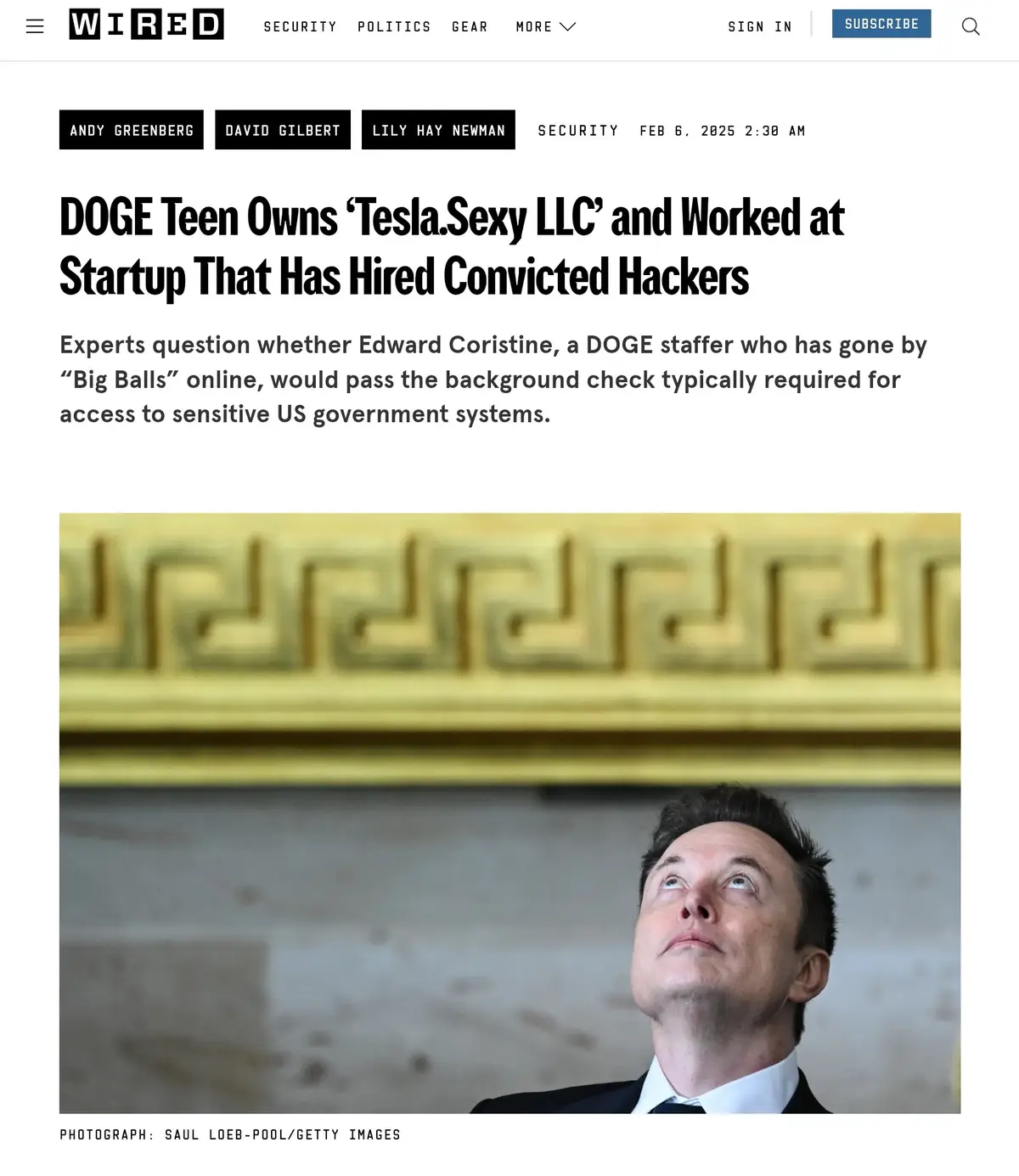 The image is a screenshot of a WIRED article with a headline about a 'DOGE Teen' owning a company and working at a startup…