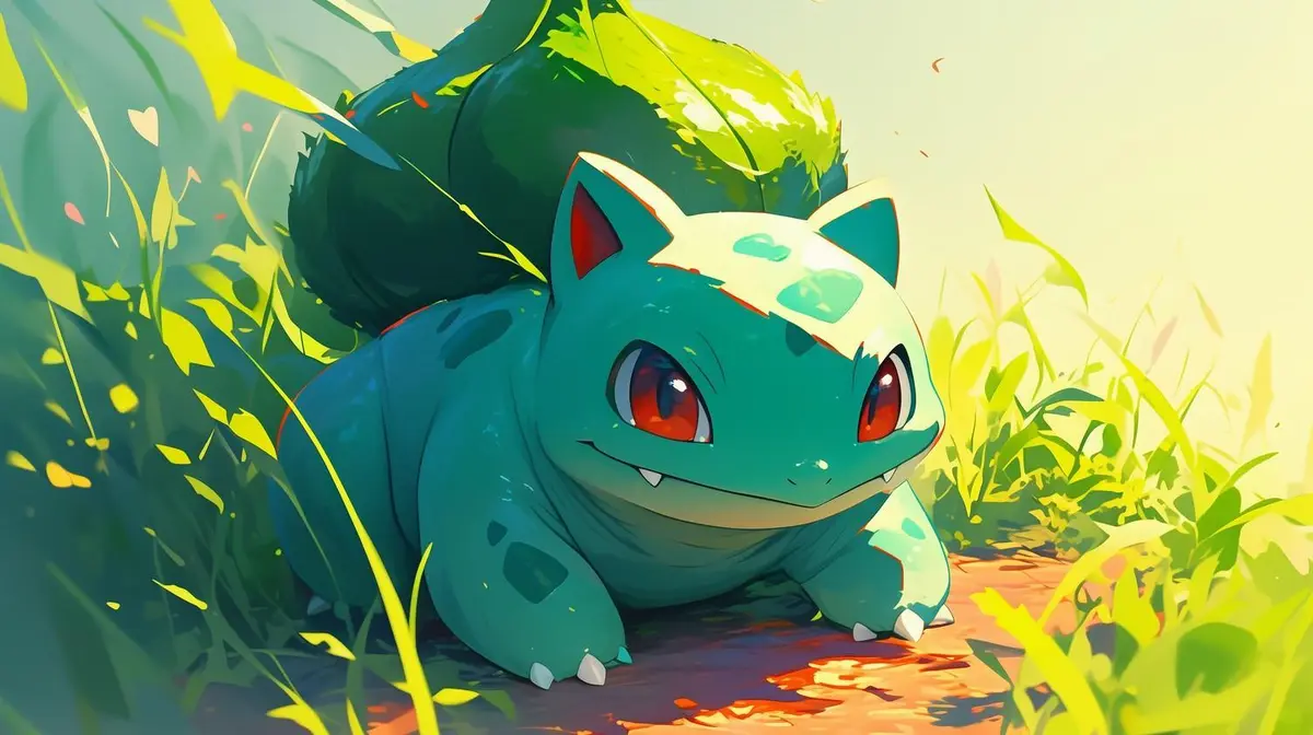 A cute, teal-colored Pokémon with red eyes and a large green leaf on its back is peeking out from tall grass. The Pokémon…