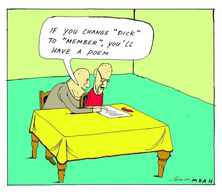 Two bald men sit at a yellow-clothed table; one points at a document while the other speaks. The speech bubble reads: 'IF…