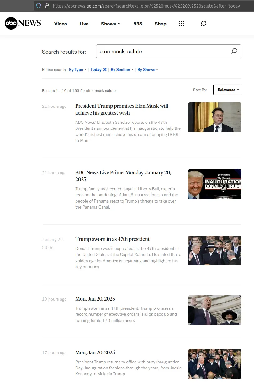 A screenshot of an ABC News search results page for 'elon musk salute' shows five articles dated January 20, 2025, all…