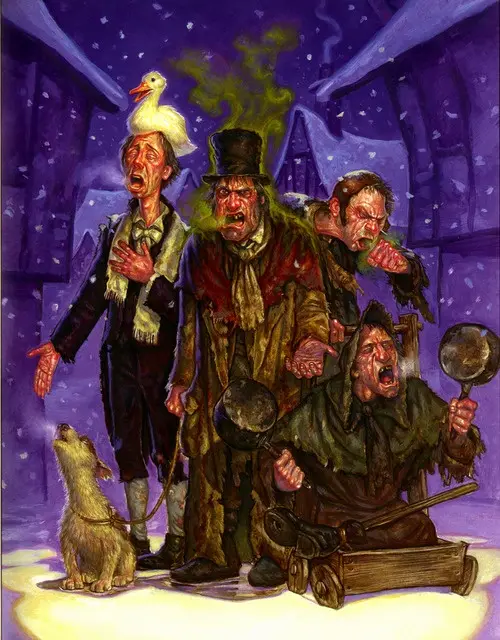 four ragged, starving men in a snowy, purple-hued alleyway, all screaming in agony while a goose perches atop one man's…