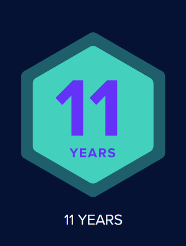 A teal hexagon with a dark teal border displays the number '11' in large purple font, with 'YEARS' in smaller purple font…