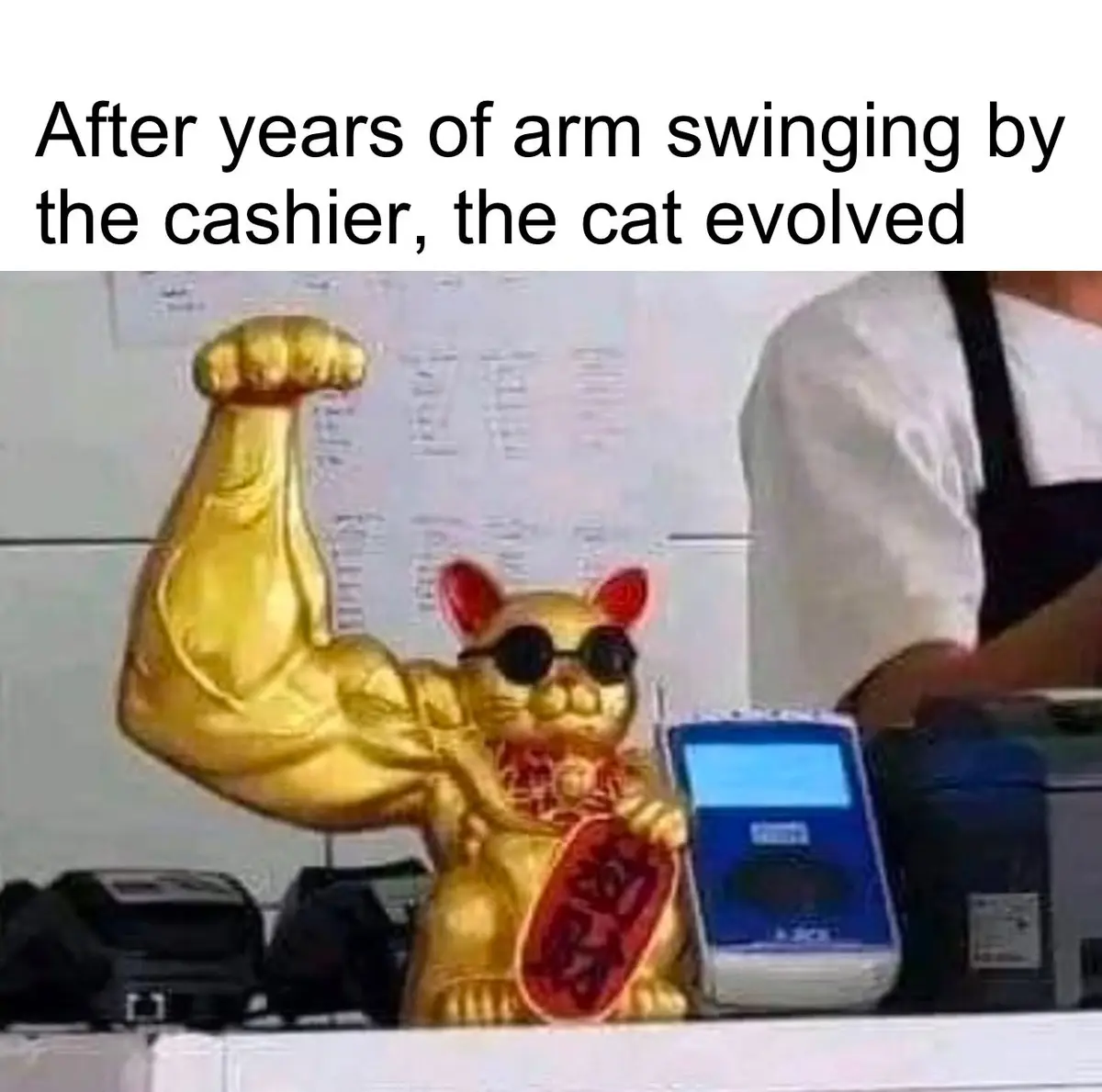 A golden Maneki-neko cat statue with exaggeratedly muscular arms, wearing sunglasses, sits on a counter next to a payment…