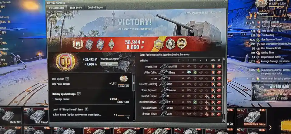 A screenshot from the game World of Tanks showing a 'VICTORY!' screen after a battle. The player 'LordZoggoth[R6B6L]' with a…