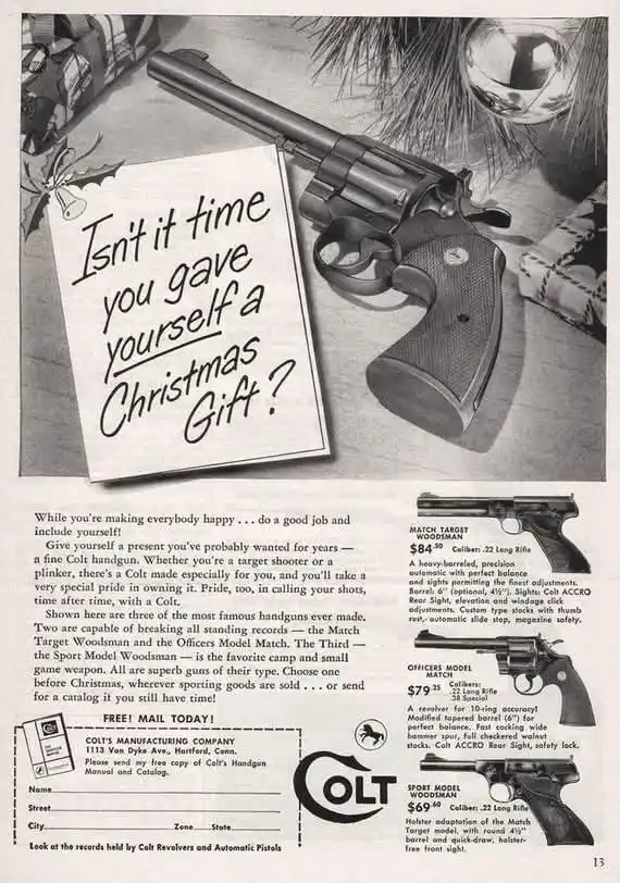 A vintage black-and-white print advertisement for Colt firearms, featuring a woman holding a revolver and a paper with the…