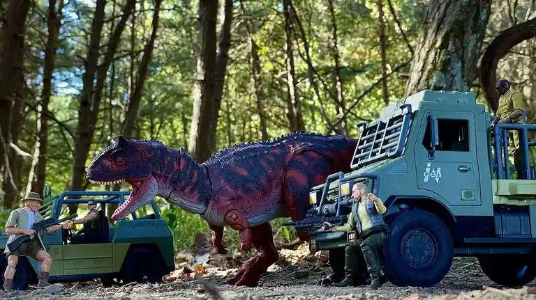 A toy dinosaur confronts toy soldiers in military vehicles in a forest setting. The overlaid text reads 'i'm not scared of…