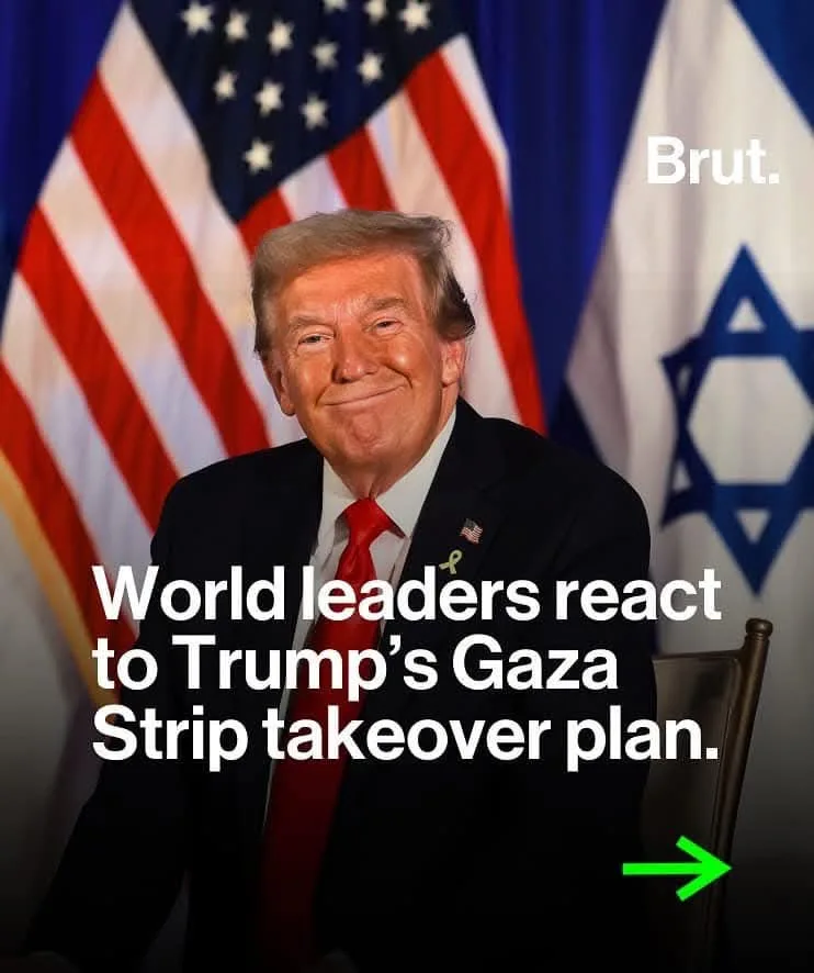 A photo of Donald Trump smiling while seated in front of an American flag and an Israeli flag. Overlaid white text reads…