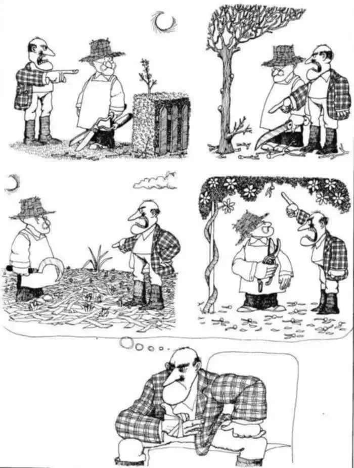 A four-panel black-and-white comic strip shows a man in a plaid shirt repeatedly pointing at another man in a hat and apron…