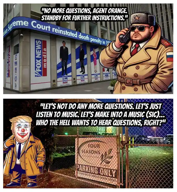 The top panel shows a cartoon Russian officer in a trench coat and fur hat holding a phone, superimposed over a photo of a…