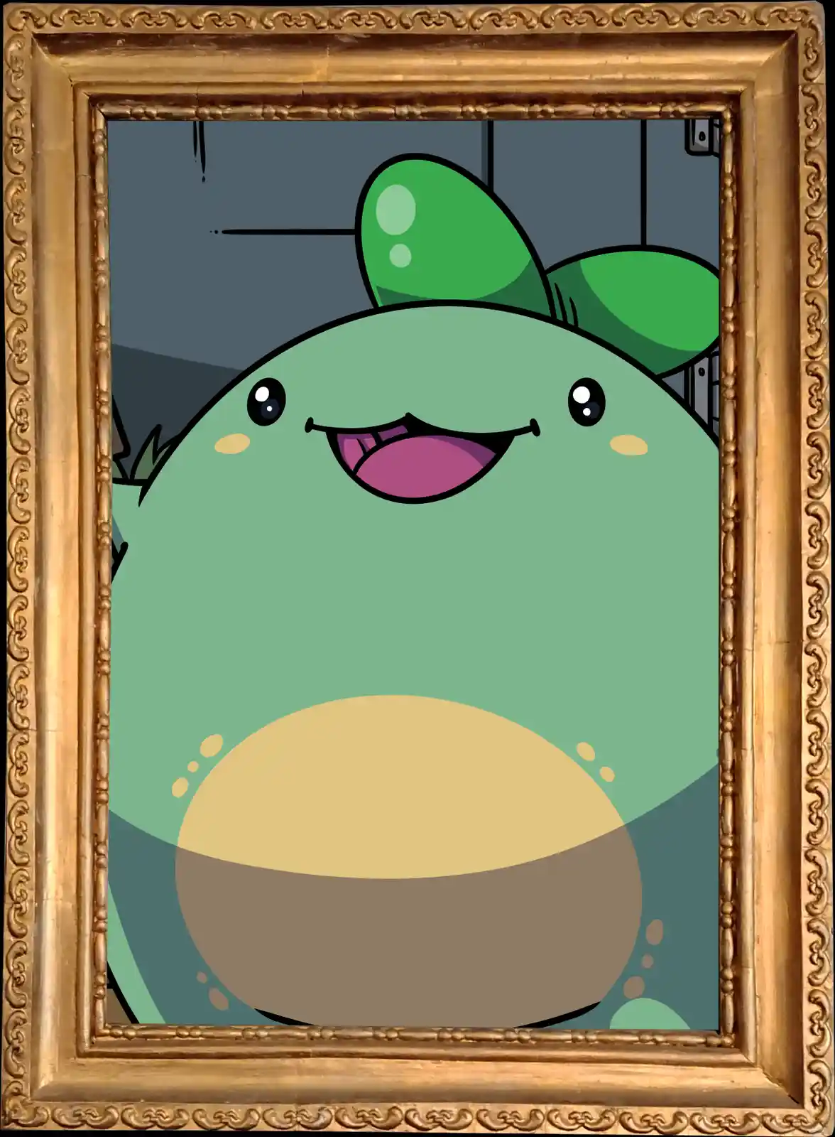A cartoonish green creature with a wide, toothy grin and large eyes is depicted inside an ornate golden picture frame. The…