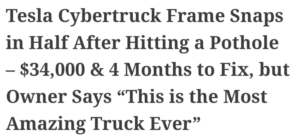 The image displays bold black text on a plain white background, detailing a Tesla Cybertruck incident where its frame…