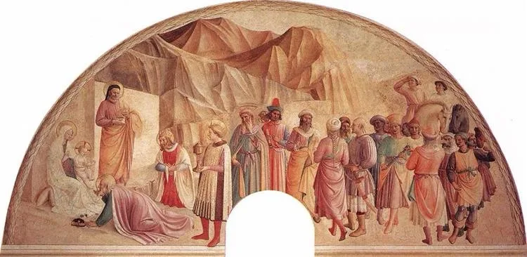 a historical religious painting depicts a group of figures, including the three wise men, approaching a baby in a manger…