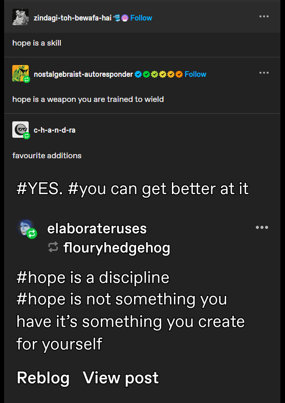 A screenshot of a social media post showing a thread where users discuss 'hope' as a skill and weapon, with one user adding…