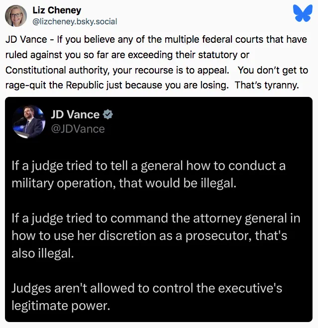 The image displays a screenshot of a social media post by Liz Cheney, which quotes JD Vance's tweet. Vance's tweet argues…