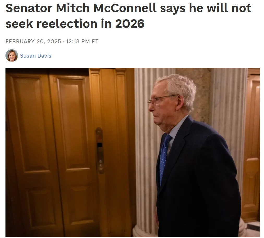 A news article screenshot shows Senator Mitch McConnell in a dark suit and glasses, standing in a hallway with wooden doors…