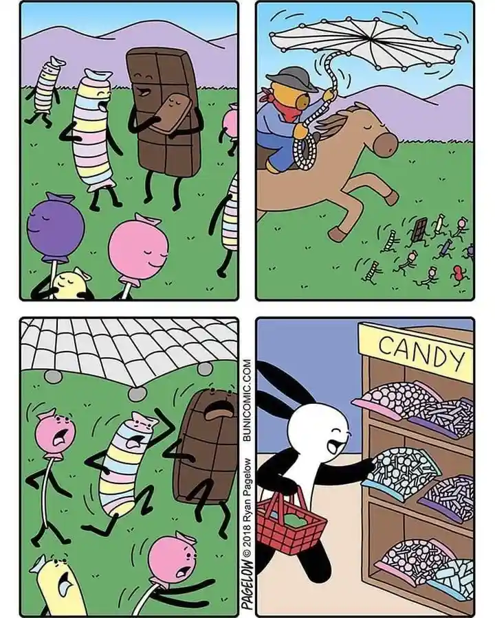 A four-panel comic strip shows candy characters celebrating in a field, then being chased by a cowboy on a horse holding an…