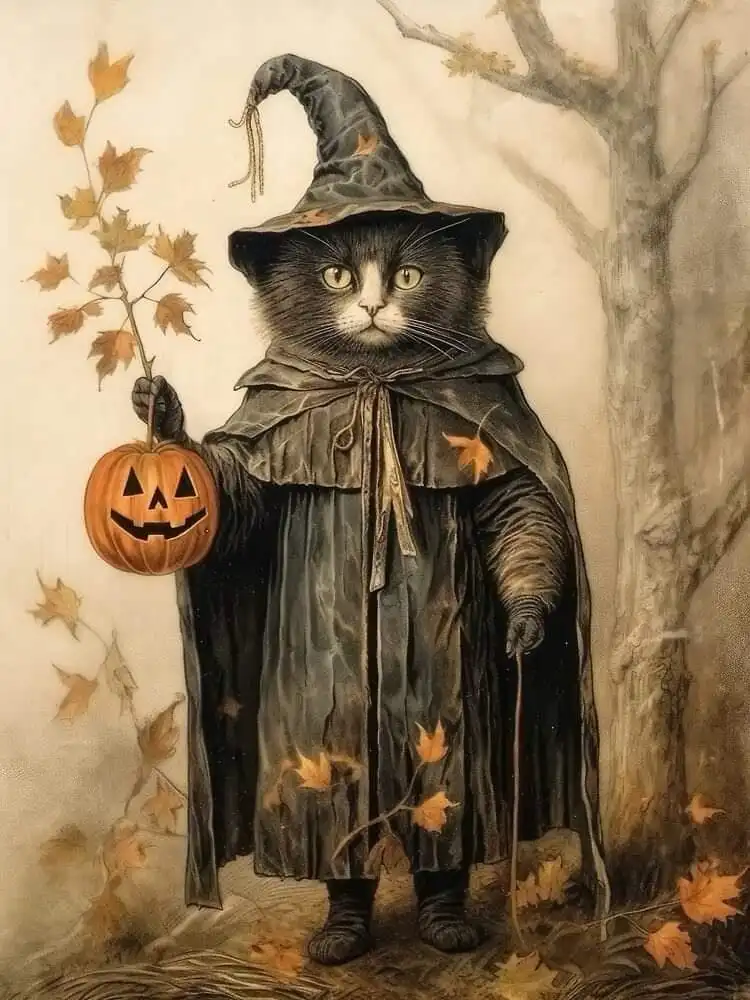 A black and white cat dressed in a dark, tattered wizard's robe and pointed hat stands in an autumnal setting, holding a…