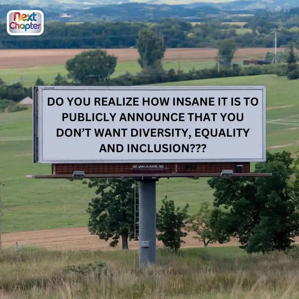 A large outdoor billboard in a rural, grassy field displays bold black text on a white background asking if one realizes how…