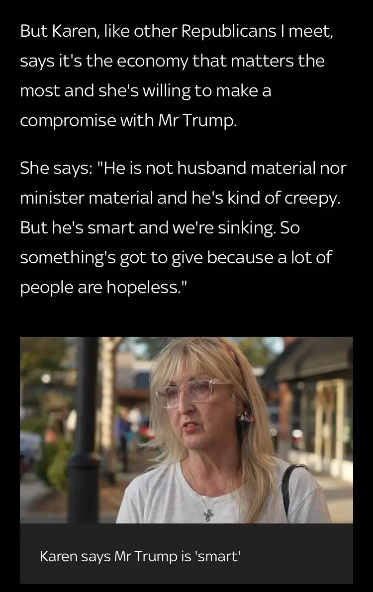 A screenshot of a news interview with a woman named Karen, who is shown speaking outdoors. The overlaid text quotes her…