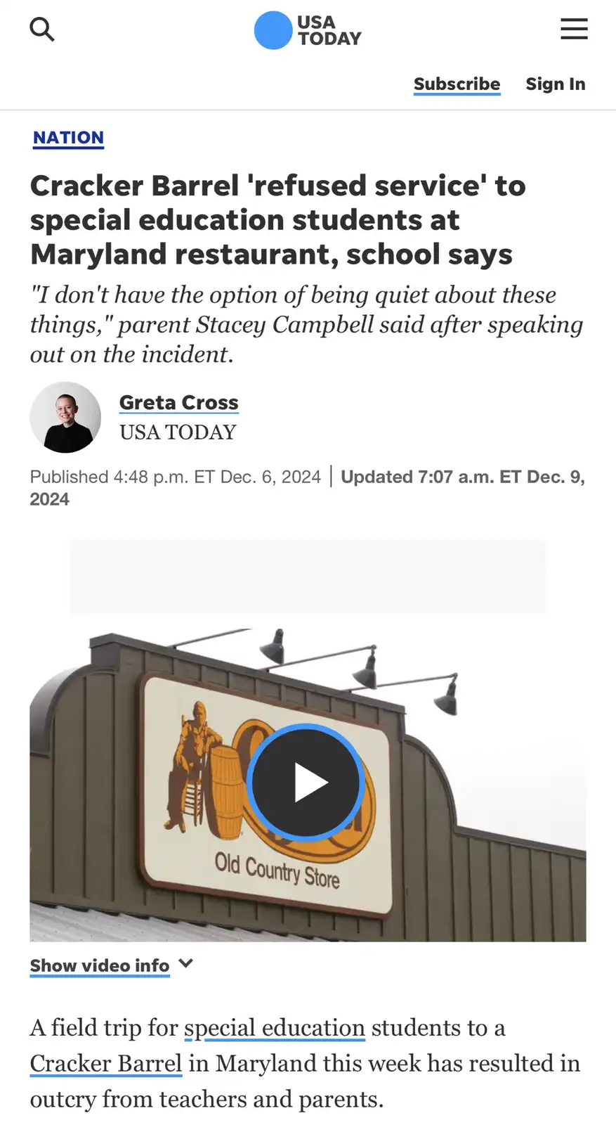 A screenshot of a USA TODAY news article about a Cracker Barrel restaurant refusing service to special education students on…