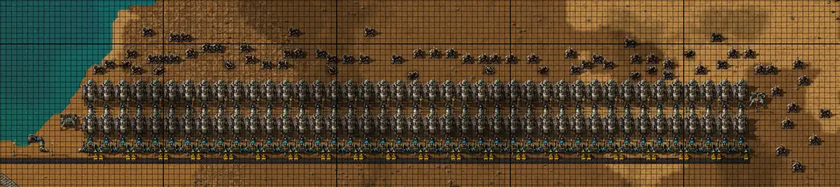 An overhead view of a massive, perfectly organized factory complex in the game Factorio, featuring rows of identical…