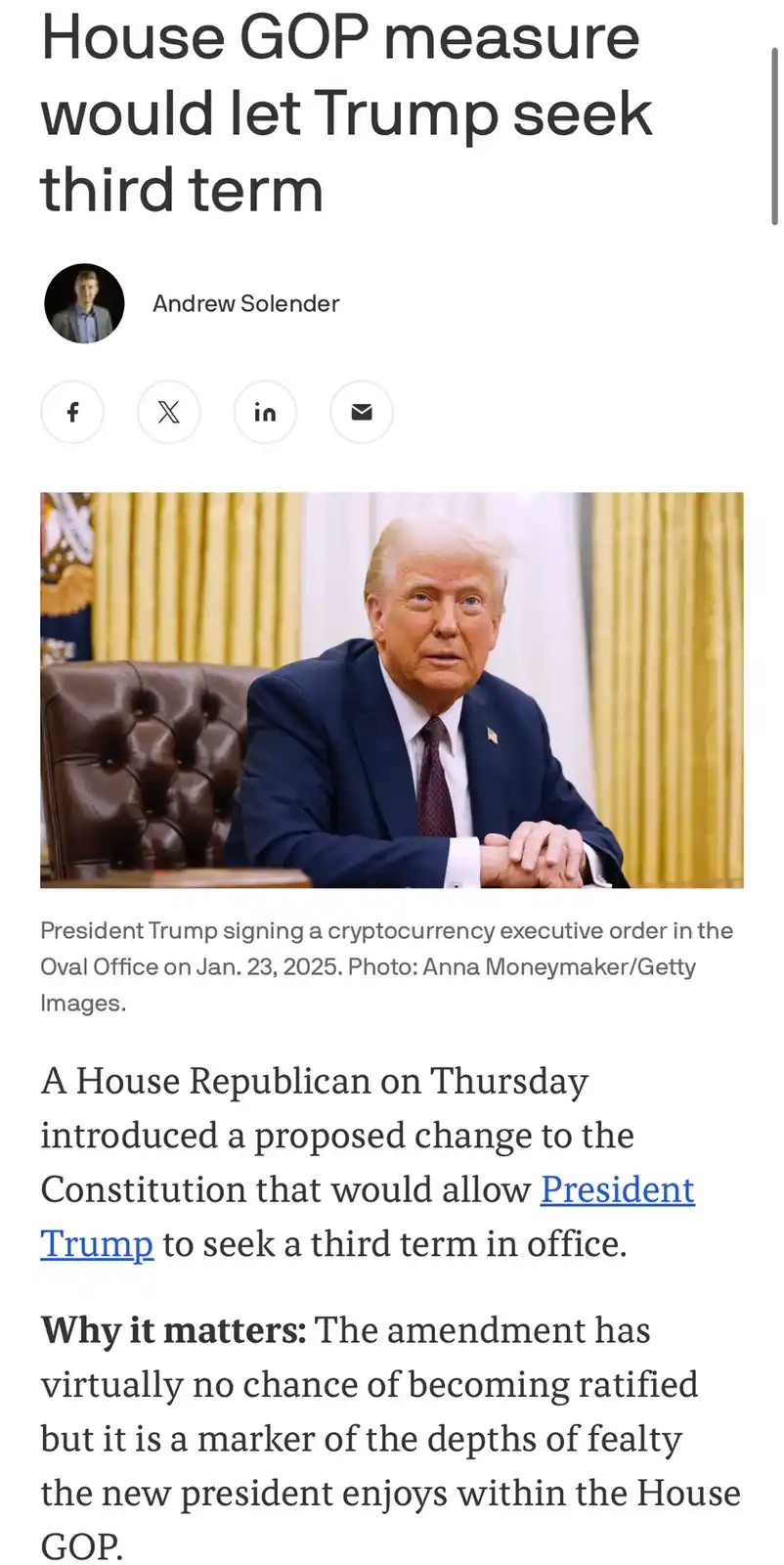 A screenshot of a news article shows a photo of Donald Trump seated at a desk in the Oval Office, wearing a dark suit and…