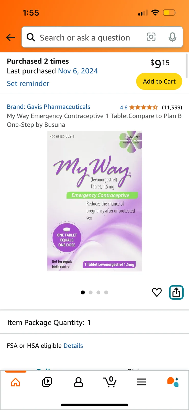 A screenshot of an online shopping page for 'My Way Emergency Contraceptive 1 Tablet' by Gavis Pharmaceuticals, priced at…