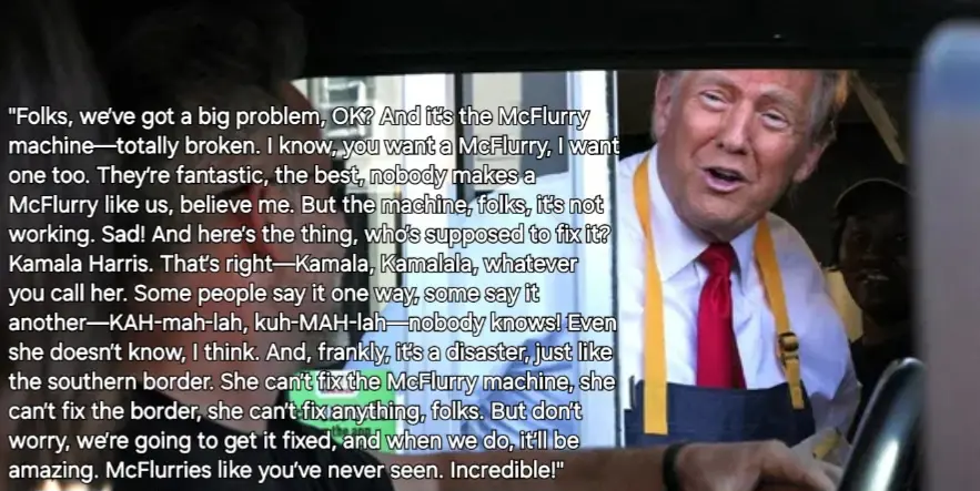 A still image from a video shows Donald Trump wearing a McDonald's apron and red tie, speaking animatedly. Overlaid text is…