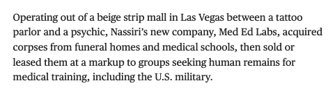 A plain white background with black text describing a fictional business called Med Ed Labs run by Nassiri in Las Vegas…