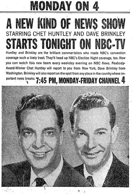 This is a vintage newspaper advertisement for the NBC news program 'Monday on 4,' featuring headshots of Chet Huntley and…