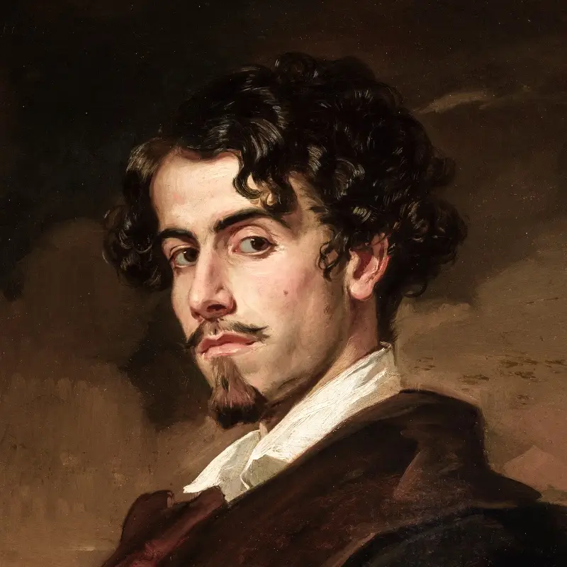 A classical oil painting portrait of a man with dark curly hair, a mustache, and goatee, wearing a white collar and dark…