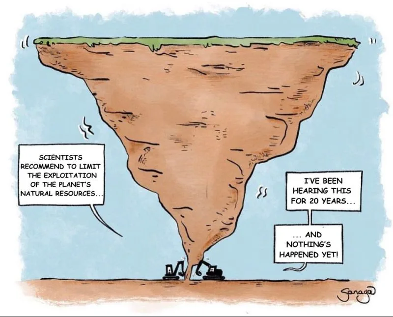 A cartoon depicts a large, inverted cone of earth with a grassy top, appearing to be collapsing or sinking into the ground…