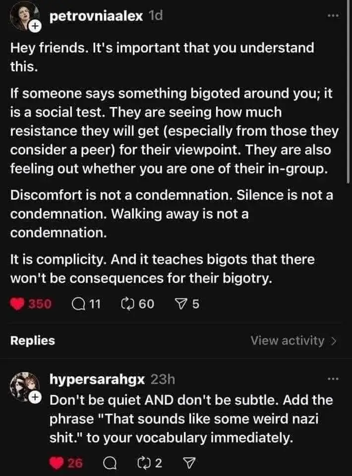 A screenshot of a social media post with a long text message about social responsibility in the face of bigotry, followed by…