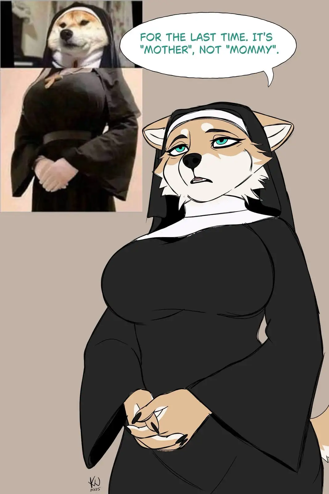 The image features a cartoon illustration of a shiba inu character dressed as a nun with exaggerated curves, standing with…