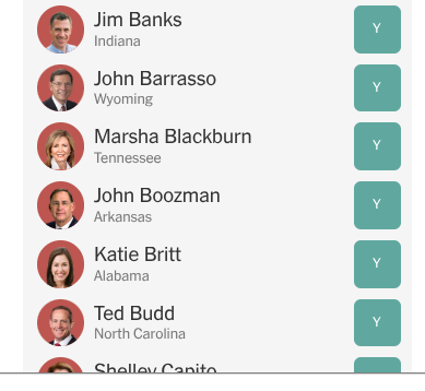 A screenshot of a list of U.S. senators with their names, states, and profile pictures. Each senator has a teal 'Y' button…