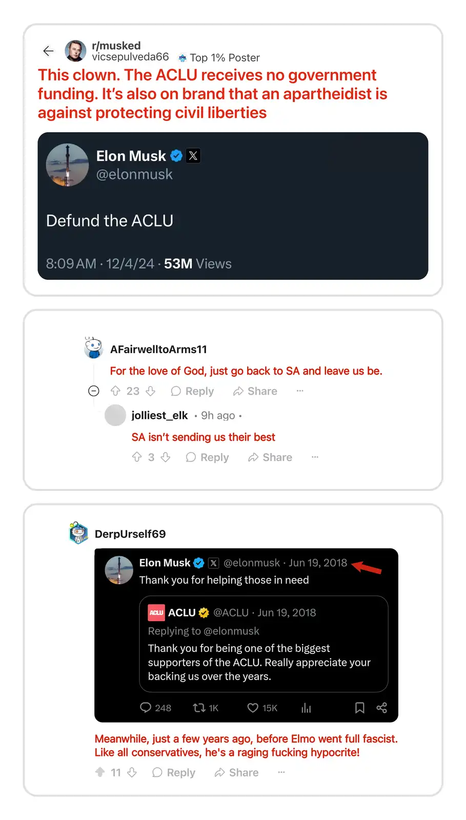 The image displays a Reddit thread from r/musked showing a post by user vicsepulveda66 criticizing Elon Musk for calling for…