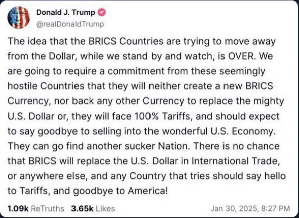 A screenshot of a tweet from Donald J. Trump's Twitter account, dated Jan 30, 2025, 8:27 PM, showing a long text post where…