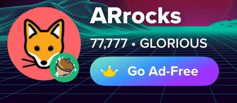 A digital profile card with a cartoon fox head in a red circle, a small green circle with a nut icon, and a gradient button…