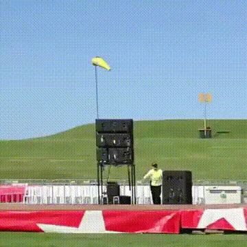 A six-panel image sequence shows a person preparing for a stunt, then performing a jump, and finally crashing into a padded…
