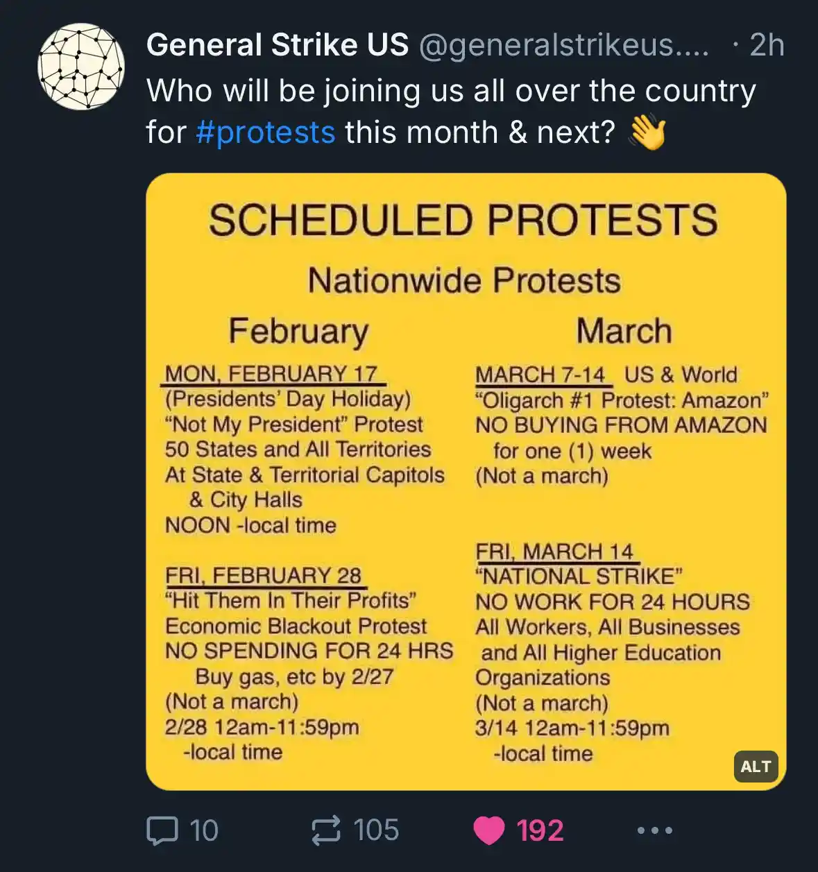 A yellow poster titled 'SCHEDULED PROTESTS' lists nationwide protest events for February and March, including 'Not My…