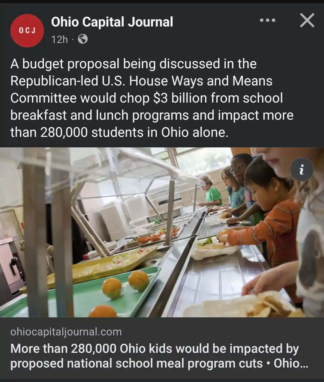 A screenshot of a news post from the Ohio Capital Journal shows children lining up at a school cafeteria serving line…