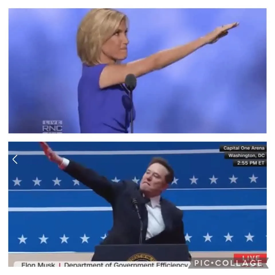 The image is a two-panel meme. The top panel shows a woman in a blue dress at a podium, extending her right arm outward with…