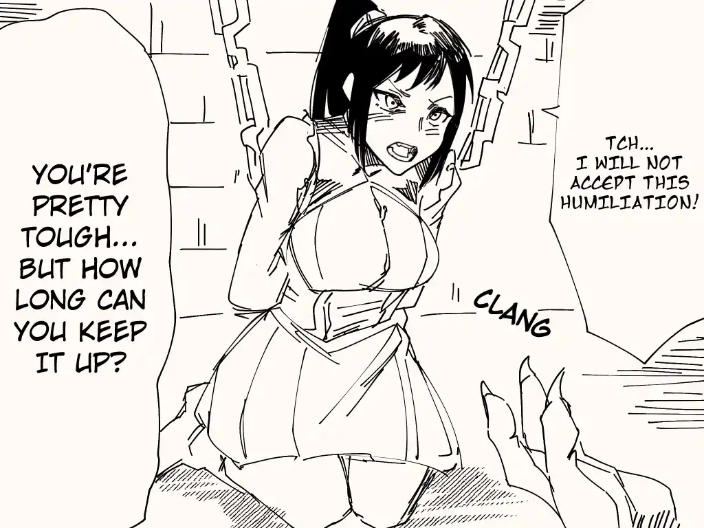 A black-and-white manga-style drawing shows a female character with an angry expression, chained to a wall, as another…